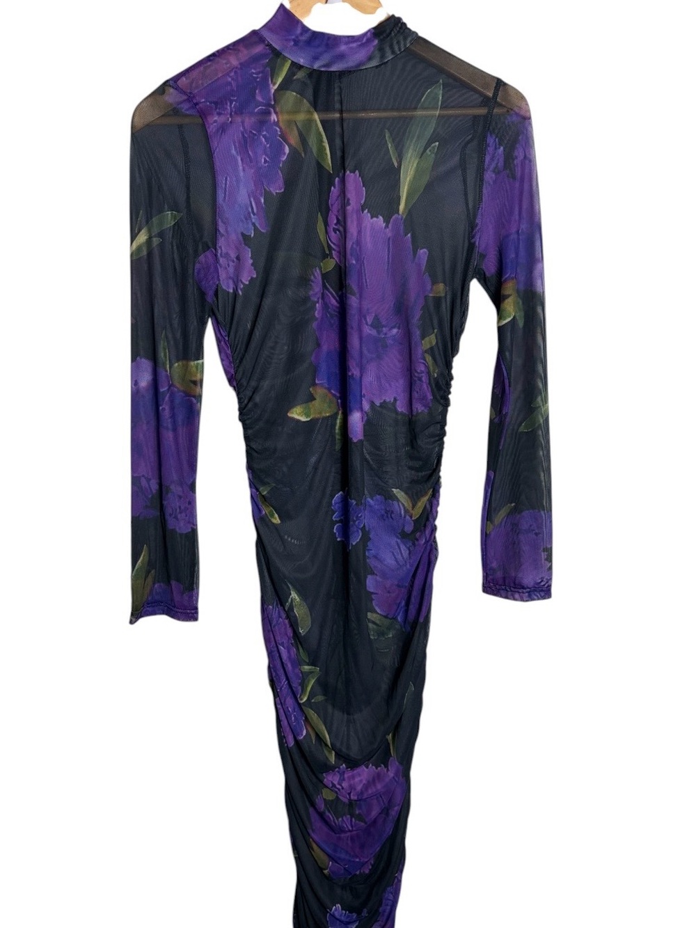 Black with purple & green floral mesh sheer long sleeve midi dress size L